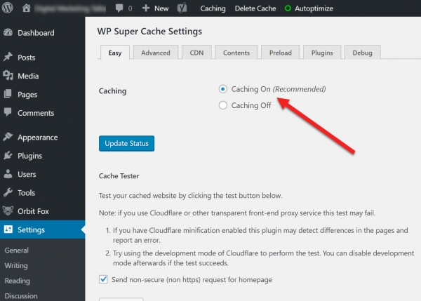 Screenshot showing how to enable caching in WordPress using WP Super Cache plugin