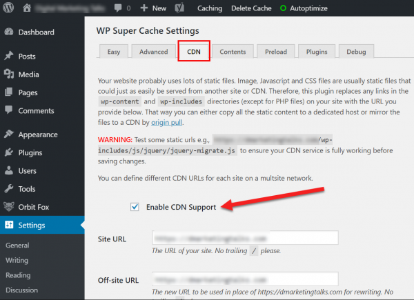 Screenshot displaying how to enable CDN in WordPress using WP Super Cache plugin