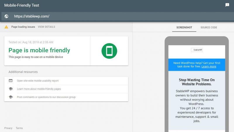 Screenshot of Google's mobile-friendly test tool