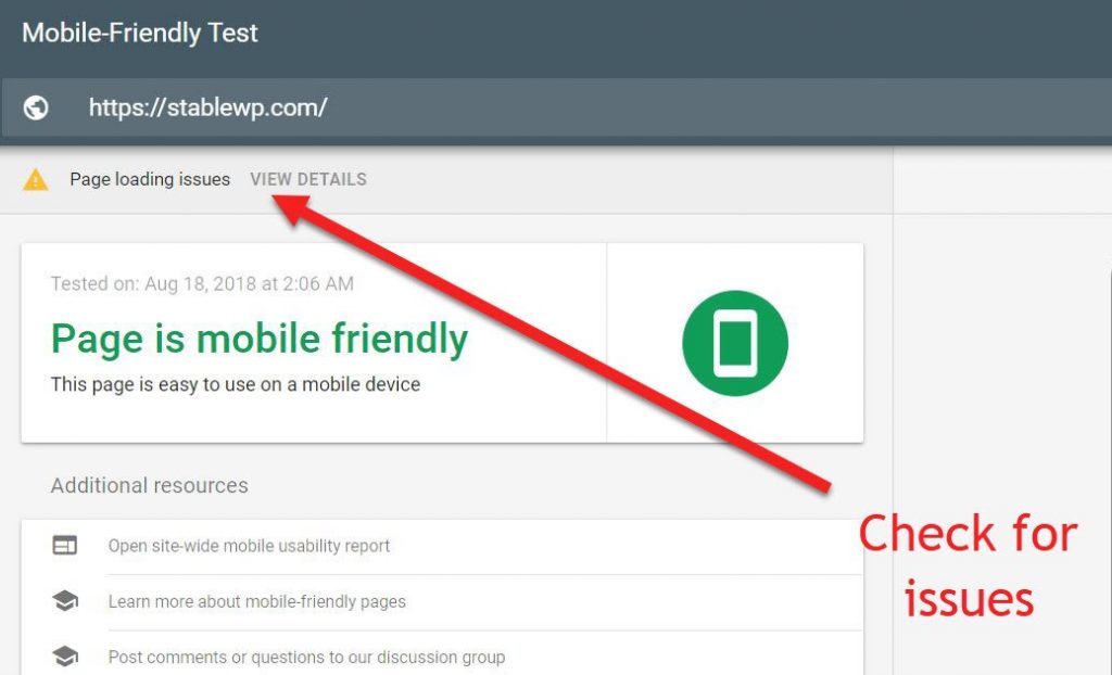 Screenshot of Google mobile-friendly test focusing on the area where you can check for issues