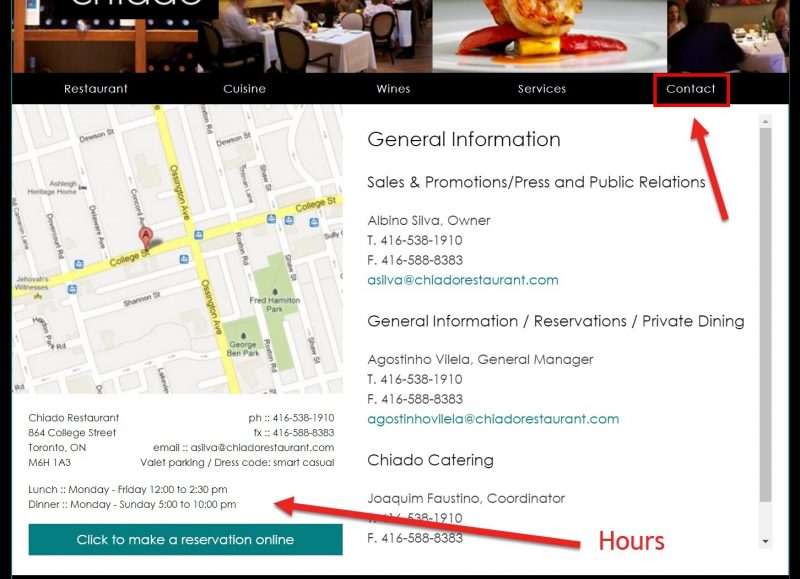 Screenshot of a well optimized contact page for local business with address, opening hours, phone numbers and other relevant info