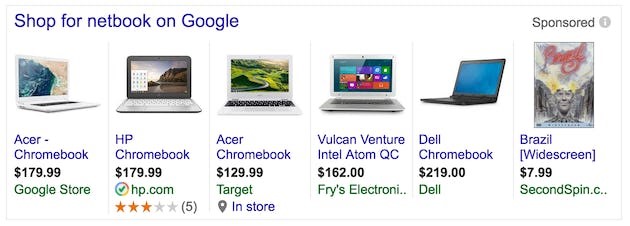 Example of paid shopping results displayed in Google search