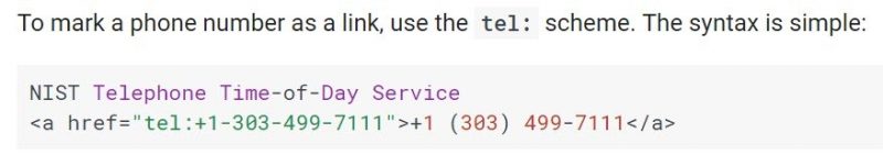 HTML syntax showing the tag you need to insert to your code to make phone numbers clickable on mobile devices