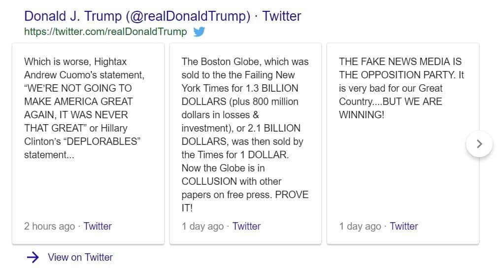 Example of tweets appearing in Google search