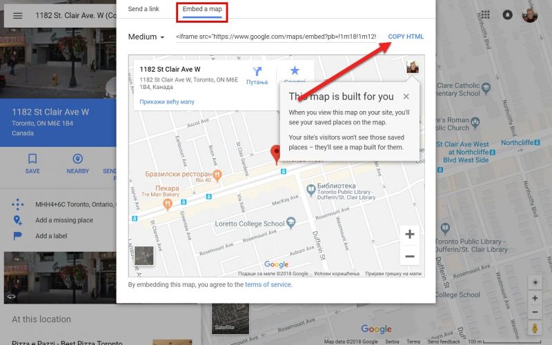 Screenshot on how to copy the embed code for Google Maps location in order to add it to your site