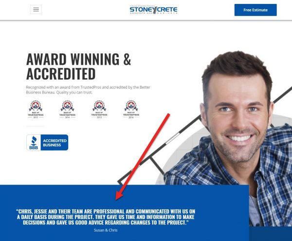 Screenshot of a local business website with testimonials on their home page