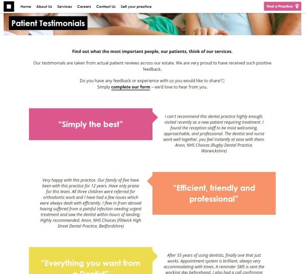 Screenshot of a dedicated testimonials page on a local business website