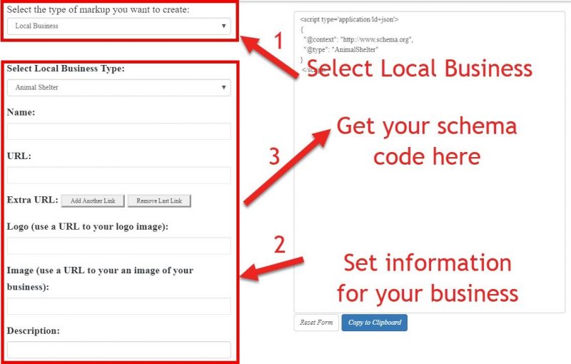 Screenshot of schema markup generator tool with three step setup highlighted. First step select the type of local business, second step set information for your business and third step get your schema code.