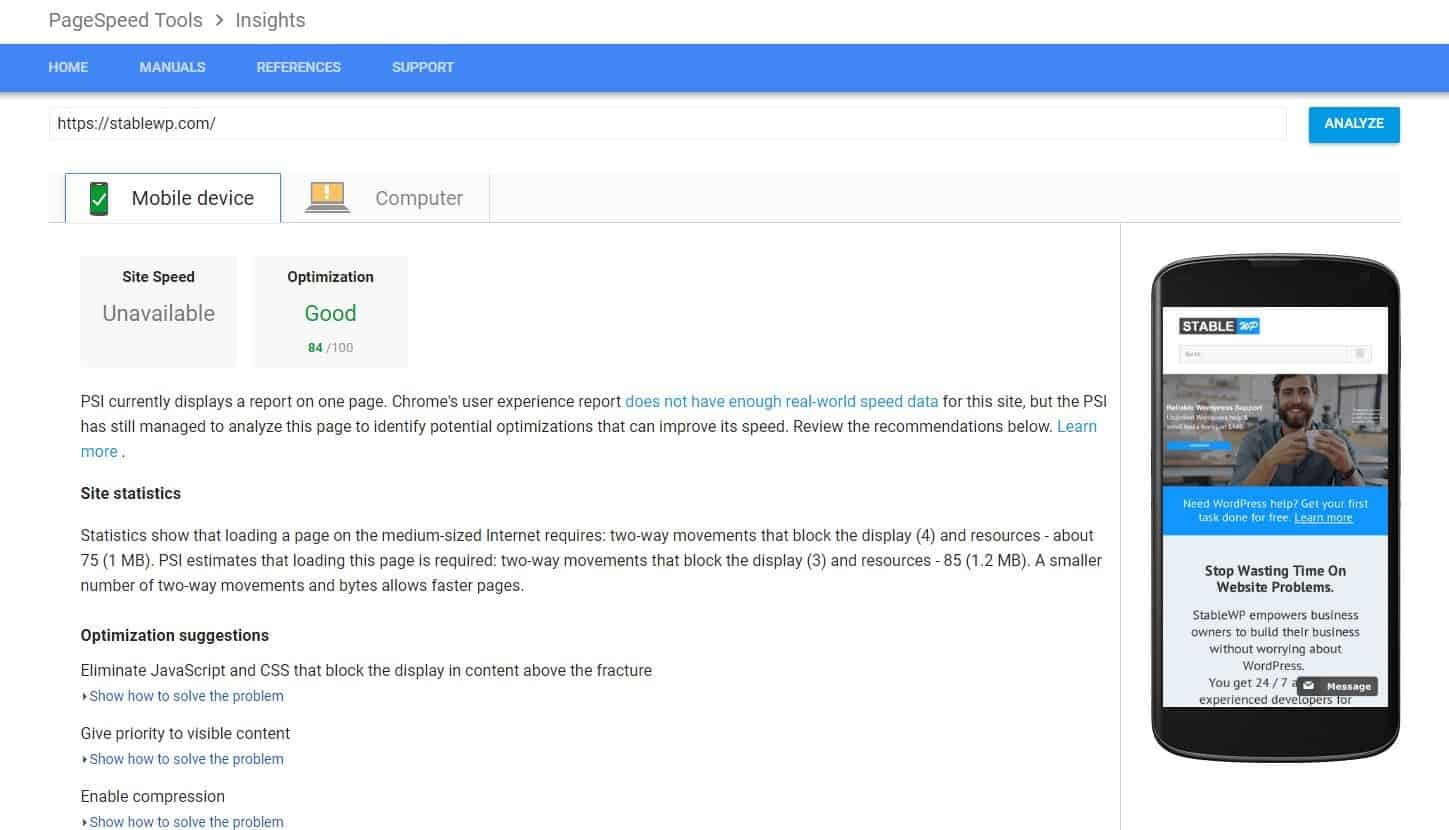 Example of a speed test conducted on Google Page Speed Insights