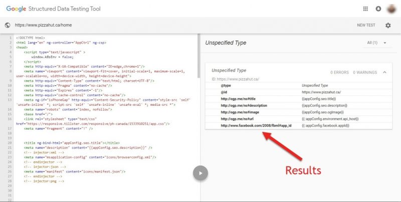 Screenshot of Google's structured data testing tool