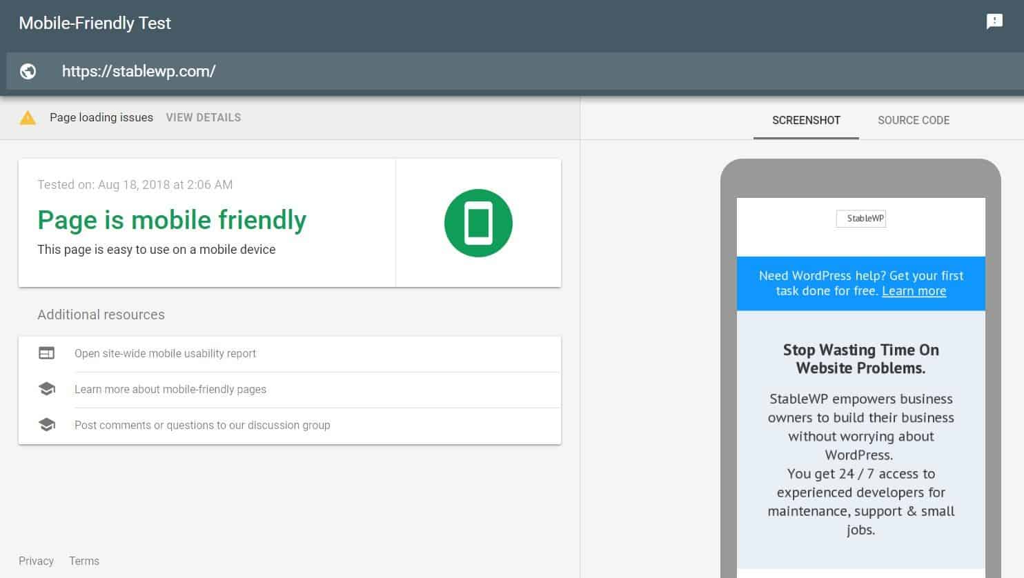 Example of a Google mobiel friendliness test conducted with Google Mobile-friendly test tool
