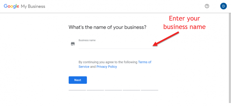 Screenshot of Google My Business setup where you need to enter your business name
