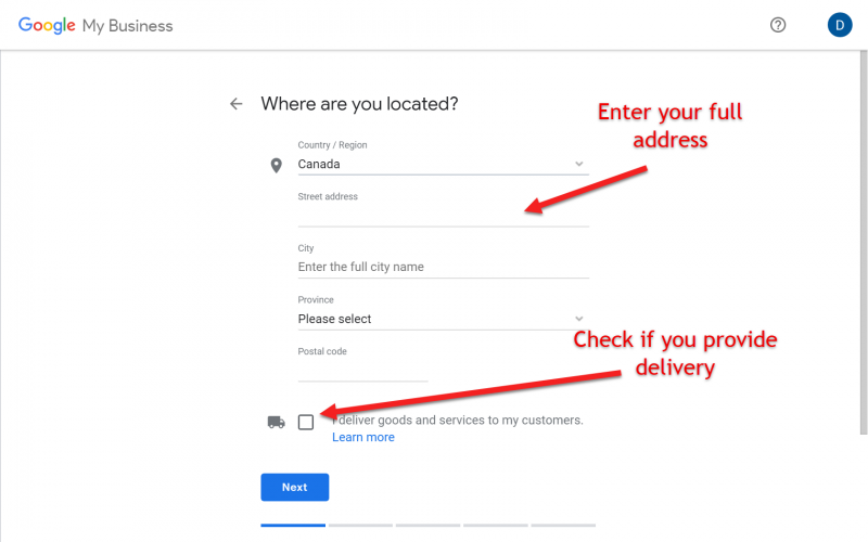 Screenshot of Google My Business setup where you need to add your address and location information