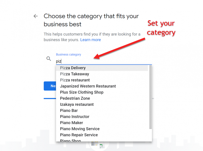 Screenshot of Google My Business setup where you need to set your business category