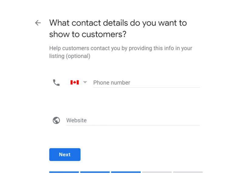Screenshot of Google My Business setup where you need to add your contact details