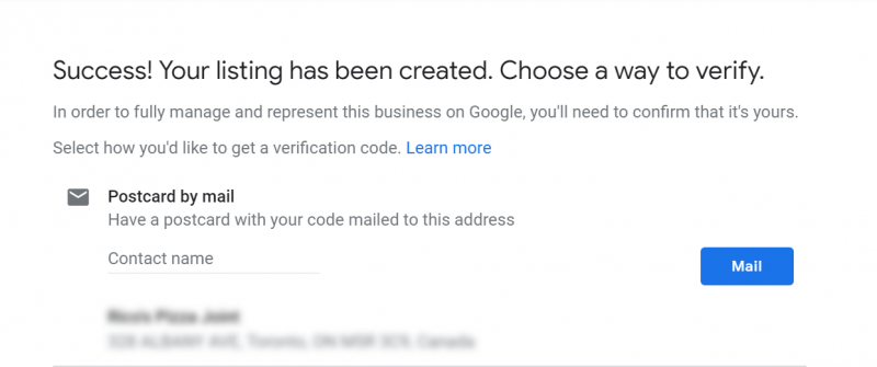 Screenshot of Google My Business setup where you need to verify the ownership of your business by receiving a code by mail