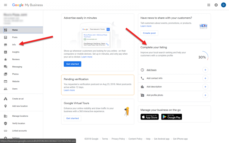 Screenshot of Google My Business page where you can add details about your local business
