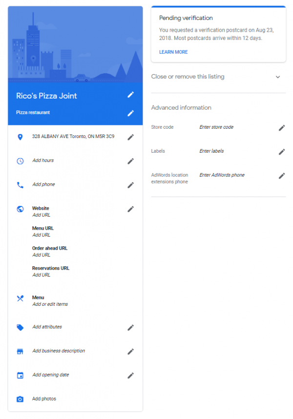 Screenshot of Google My Business page where you can add your business information