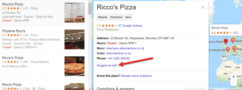 Screenshot of Google Maps area where users can suggest an edit to your local business page