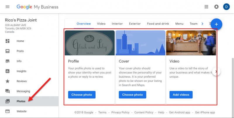 Screenshot of different photo categories you can fill in with images in Google My Business