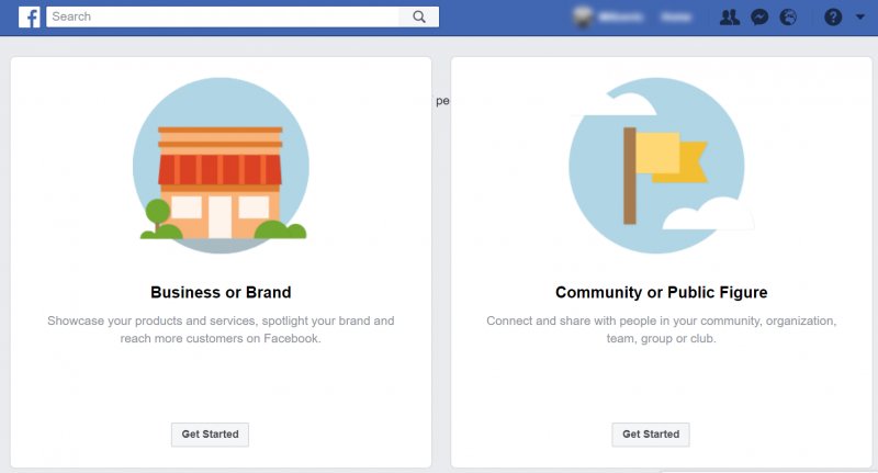 Screenshot of Facebook page creation process where you can select the type of page you want to create