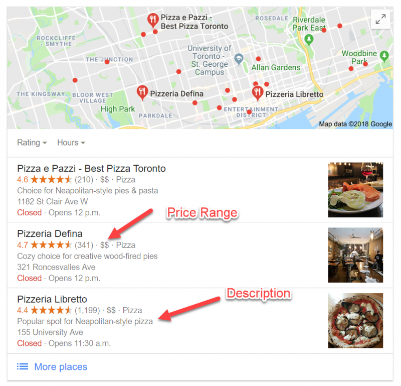 Screenshot of a local teaser pack for restaurants showing information such as the price range hinted with dollar signs and a catchy venue description