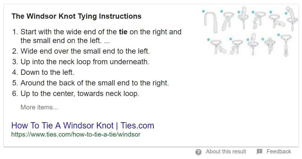 Example of a list type featured snippet