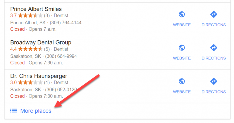 Screenshot of a local 3-pack focusing on the option "more places" which expands the list of local businesses