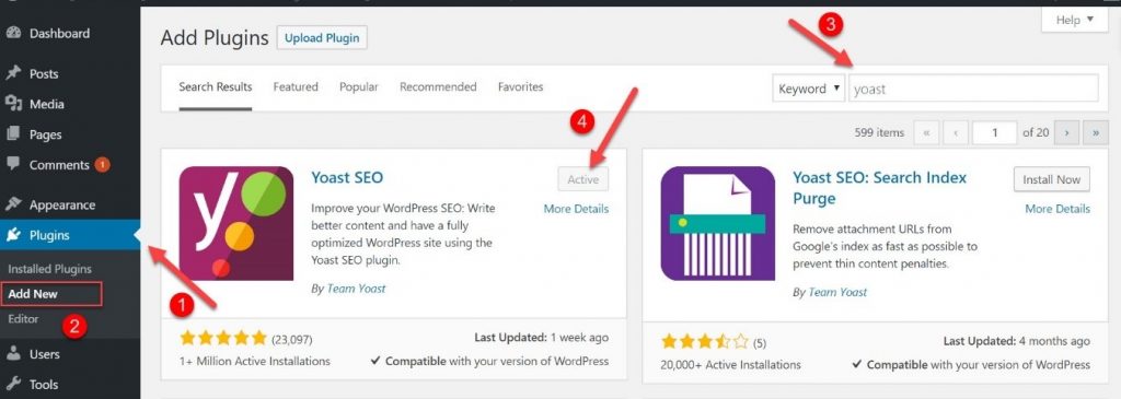 Screenshot showing WordPress dashboard and how to install Yoast SEO plugin in 4 steps.