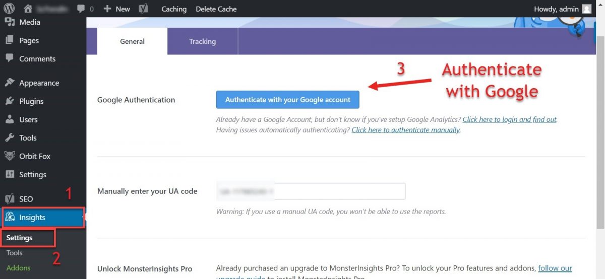 Screenshot of how to authenticate GA with Monster Insights plugin