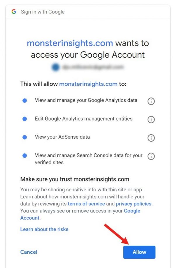 Screenshot of how to allow Monster Insights plugin to access your Google account