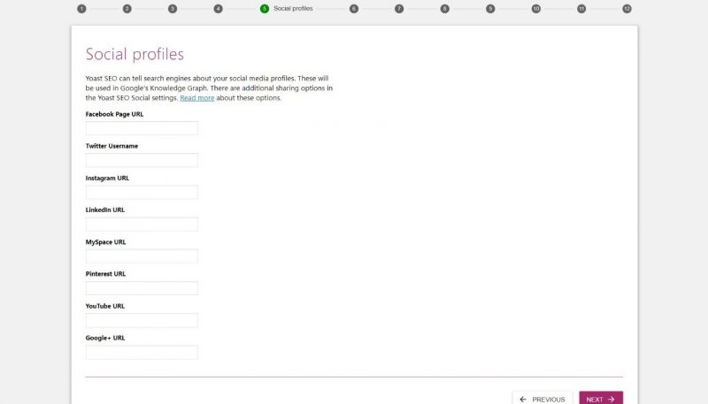 Screenshot of #5 step of Yoast configuration where you need to connect your website to your social media profiles