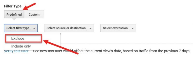 Screenshot of how to add a predefined filter that excludes internal traffic