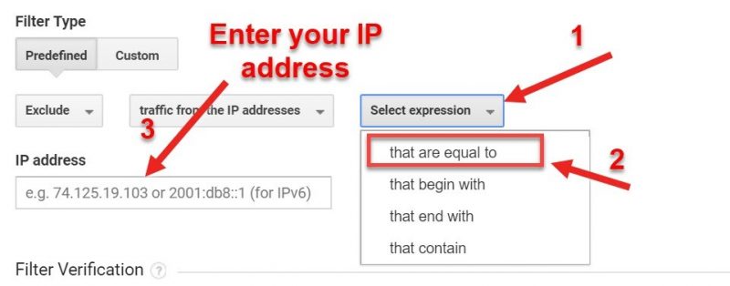 Screenshot of how to filter out traffic from an IP address in GA