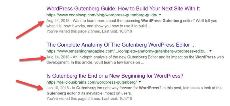 Screenshot of published dates of posts displayed in Google SERP