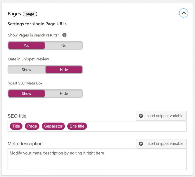 Screenshot of Yoast plugin page settings