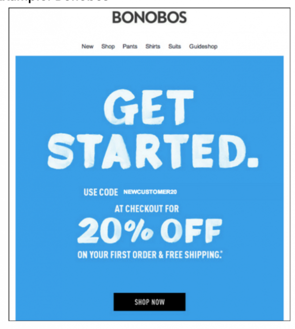 Bonobos welcome email offering a 20% discount for new users 