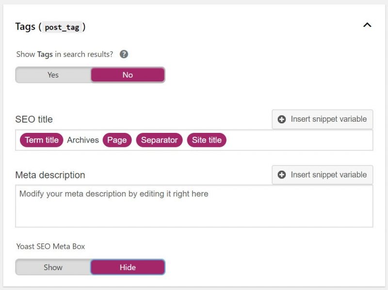 Screenshot of tags settings in Yoast plugin