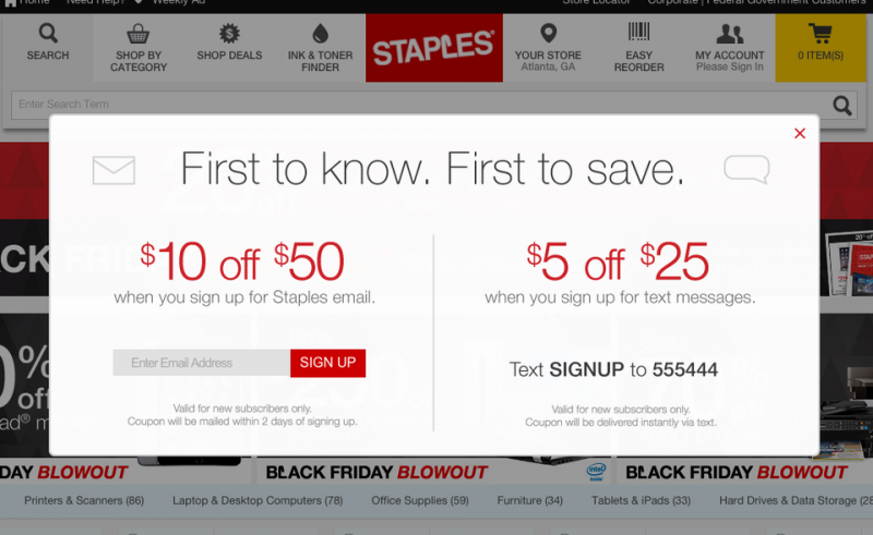 Screenshot of an email pop-up form on an e-commerce site offering a discount for those who sign up