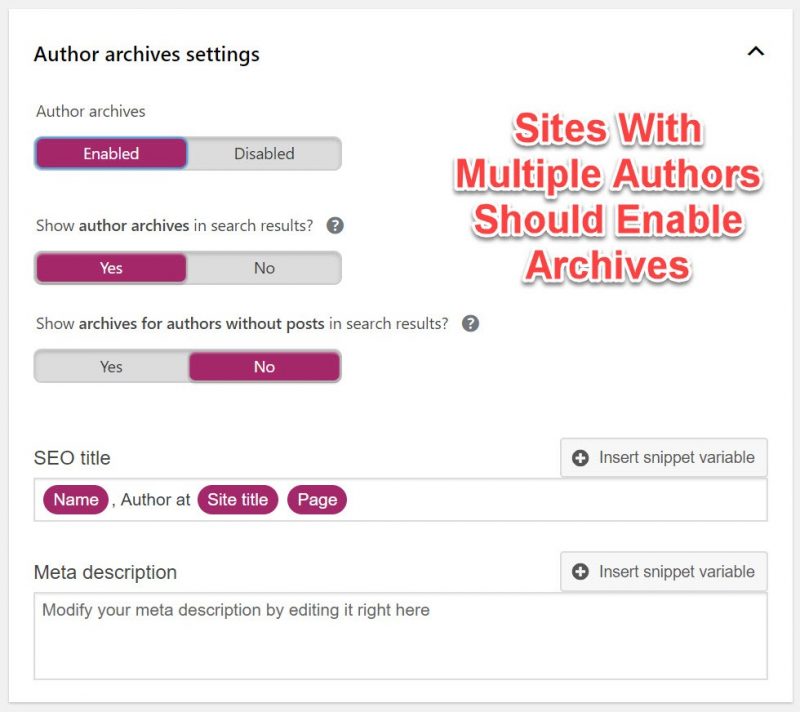 Screenshot of author archives settings i Yoast plugin