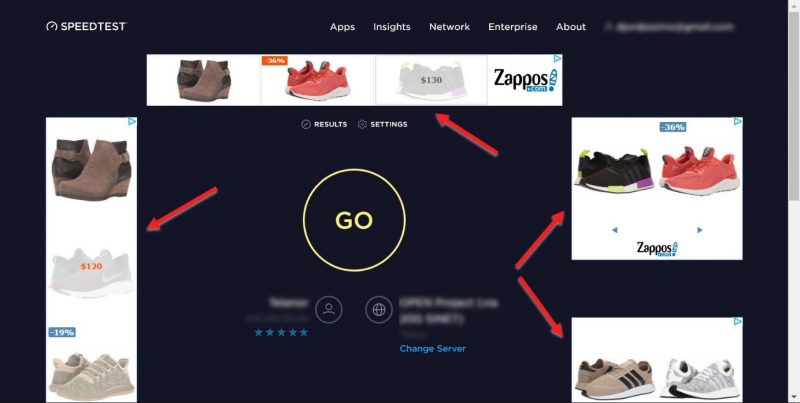Screenshot of retargeting display ads on Speedtest.net