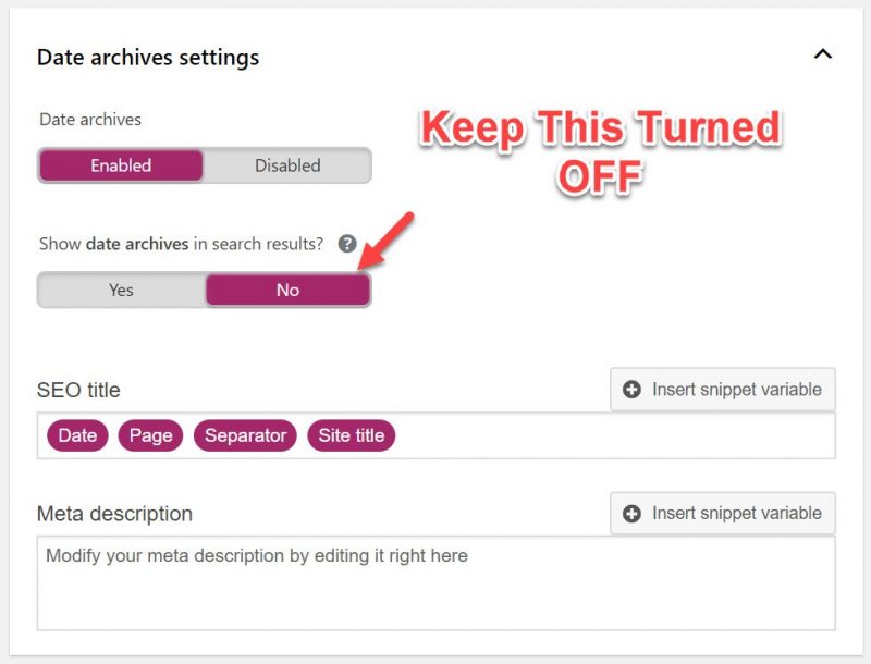 Screenshot of expanded date archives settings in Yoast