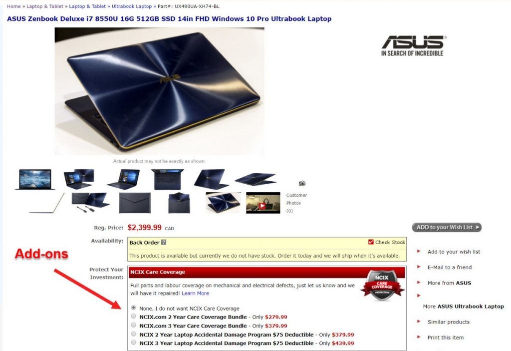 Screenshot of add-ons as an upselling tactic