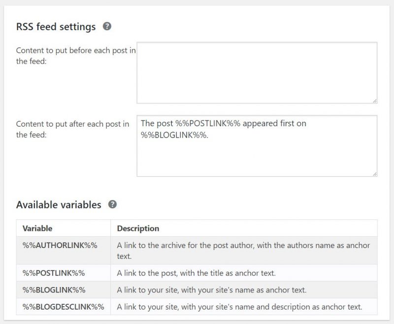 Screenshot of RSS settings in Yoast