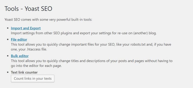 Screenshot of tools configuration in Yoast SEO