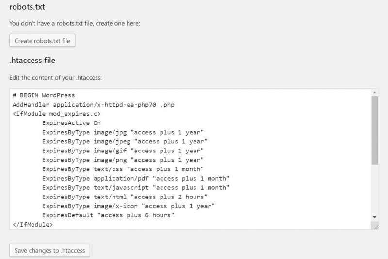 Screenshot of Robots.txt and .htaccess file settings - Yoast