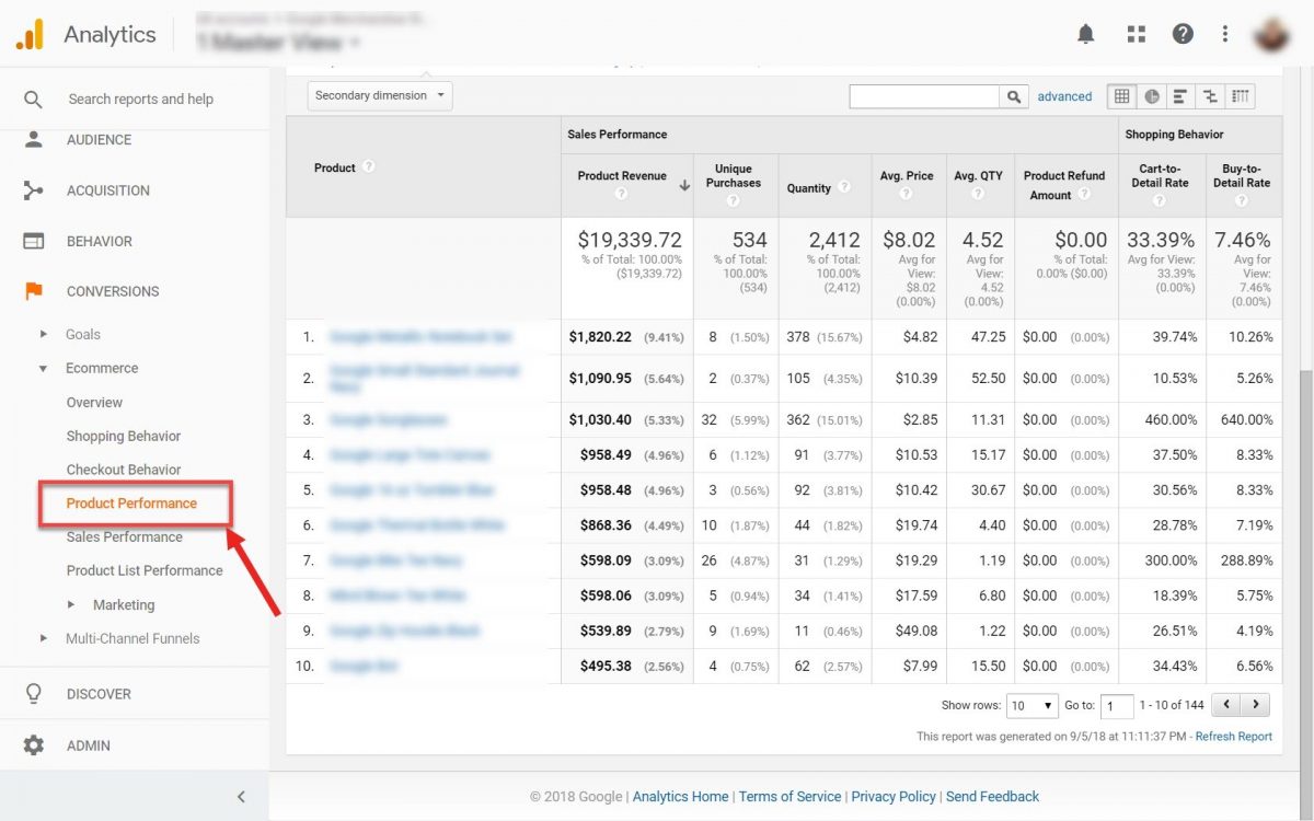 Product performance report in GA