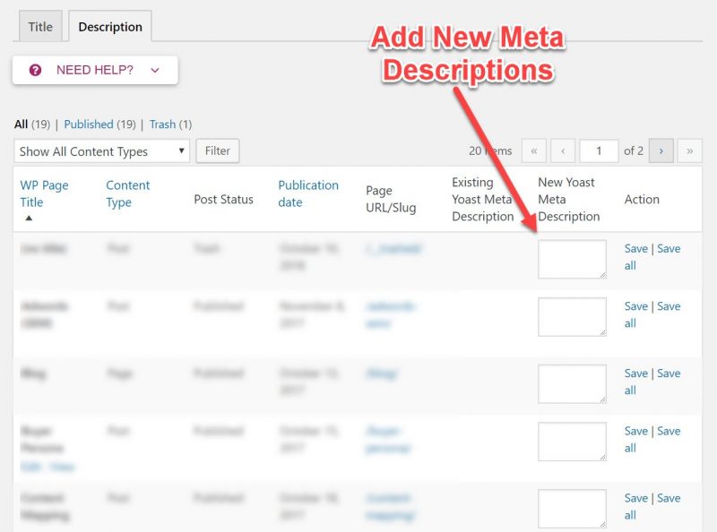 Screenshot of Yoast SEO bulk editor for new meta descriptions