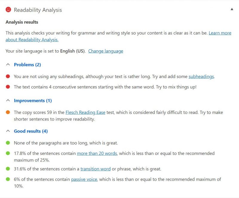 Screenshot of Yoast SEO readability analysis