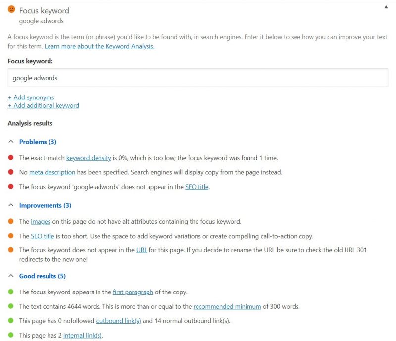 Screenshot of SEO analysis in Yoast plugin